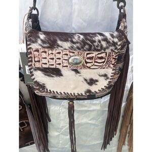 Myra Women's Fabulous Western‎ Cowhide  Leather Cross Body Handbag Fringe NWT